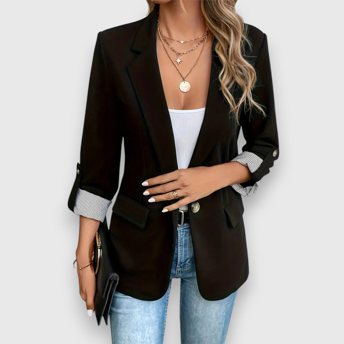 Notch Lapel Roll Up Sleeve Single Button Blazer
