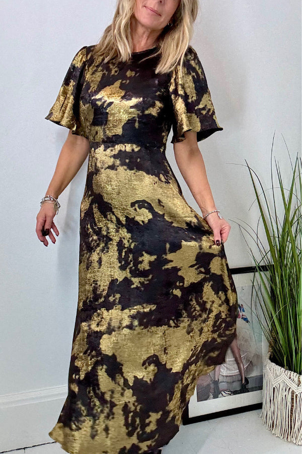 Metallic Marble Print Crew Neck Flutter Sleeve Fitted Waist A-Line Maxi Gown