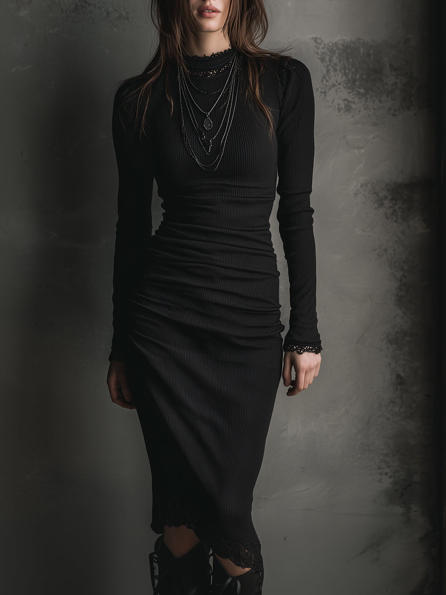 Basic Versatile Bottoming Lace Patchwork Stretch Knit Midi Dress - FashionAxe