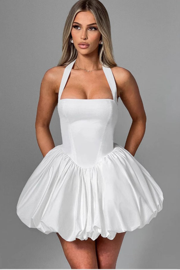 Halter Neck Backless Corset Bubble Hem Mini Dress
