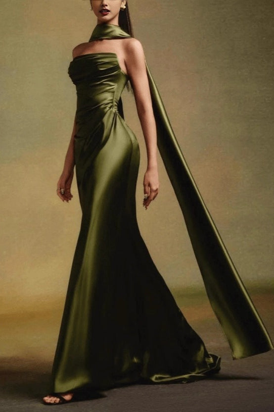 One Shoulder Ruffle Tie Maxi Prom Dress