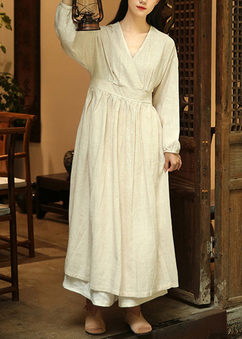 Linen V-Neck Wrap Long Sleeve Relaxed Maxi Dress