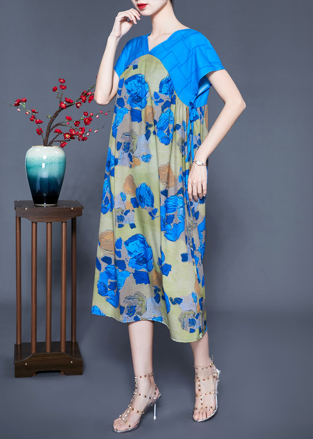 Floral Print Patchwork V-Neck Flutter Sleeve Midi Dress