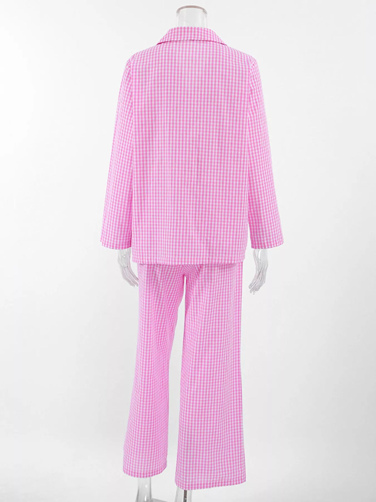 Gingham Button Front Long Sleeve Shirt and Wide Leg Pants Pajama Two Piece Set 7