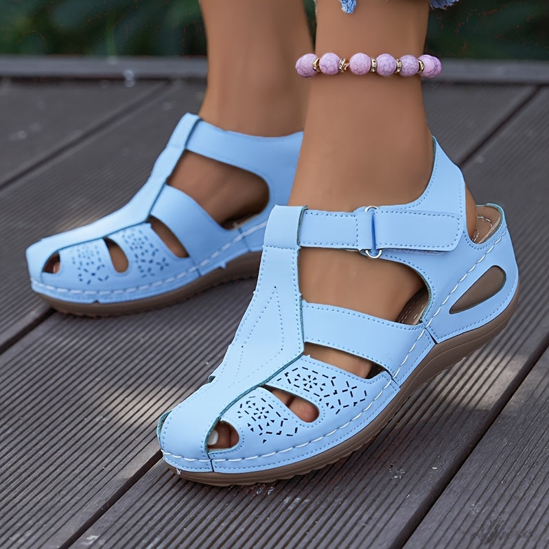 Closed Toe Cut Out Hook and Loop Wedge Sandals