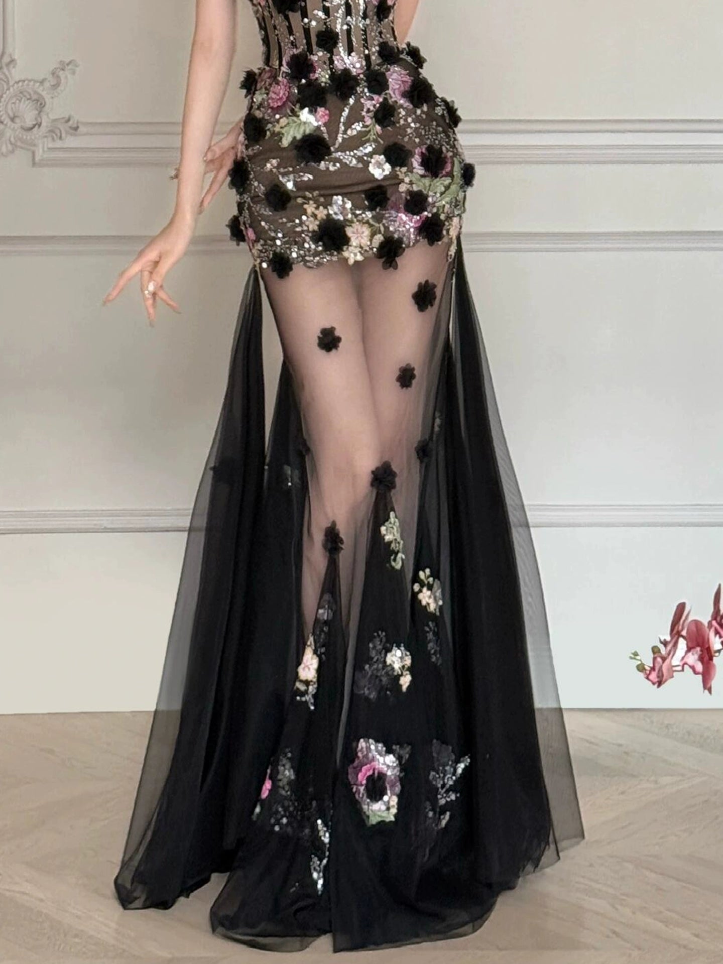 Black Long Prom Dress With Flowers Formal Evening Party Dress Birthday Outfit