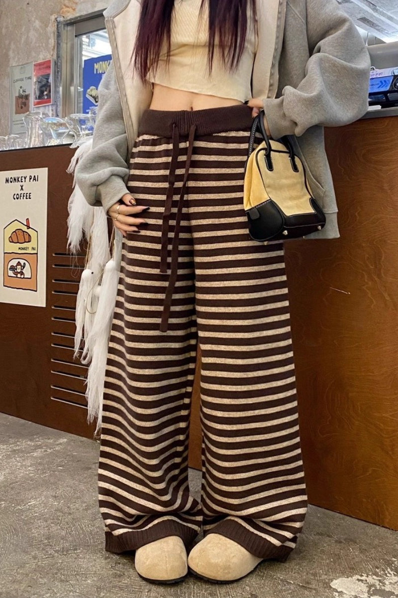 Striped Knitted Fleece High Waist Wide Leg Pants
