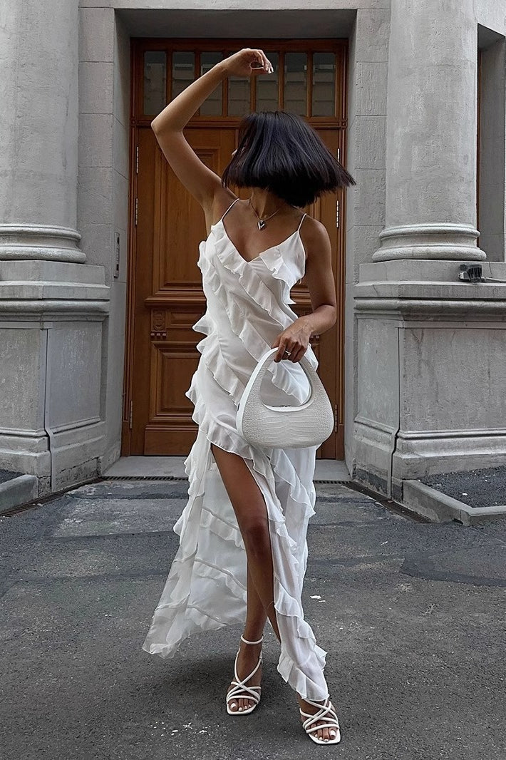 Spliced Ruffled Sling Split Shaped Maxi Boho Dress