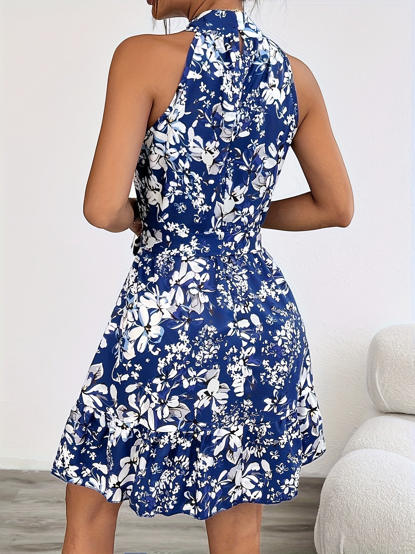 Floral Print Halter Neck Ruffle Hem Sleeveless Mini Cocktail Dress