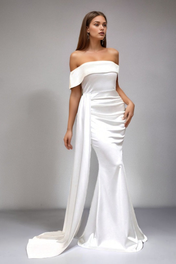 Satin Off Shoulder Ruched High Split Maxi Formal Gown