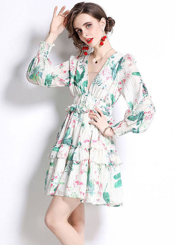 Tropical Palm Print Deep V-Neck Ruffle Cuff Long Sleeve Empire Waist Tiered Plisse Mini Dress