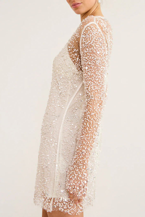 Sequin Pearl Long Sleeve Sheer Mini Dress