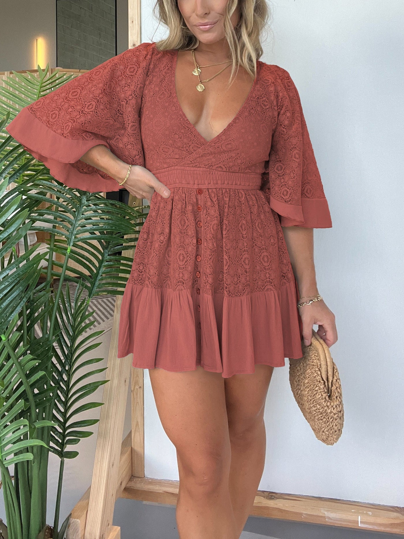 Lace V-Neck Bell Sleeve Tiered Mini Dress 7