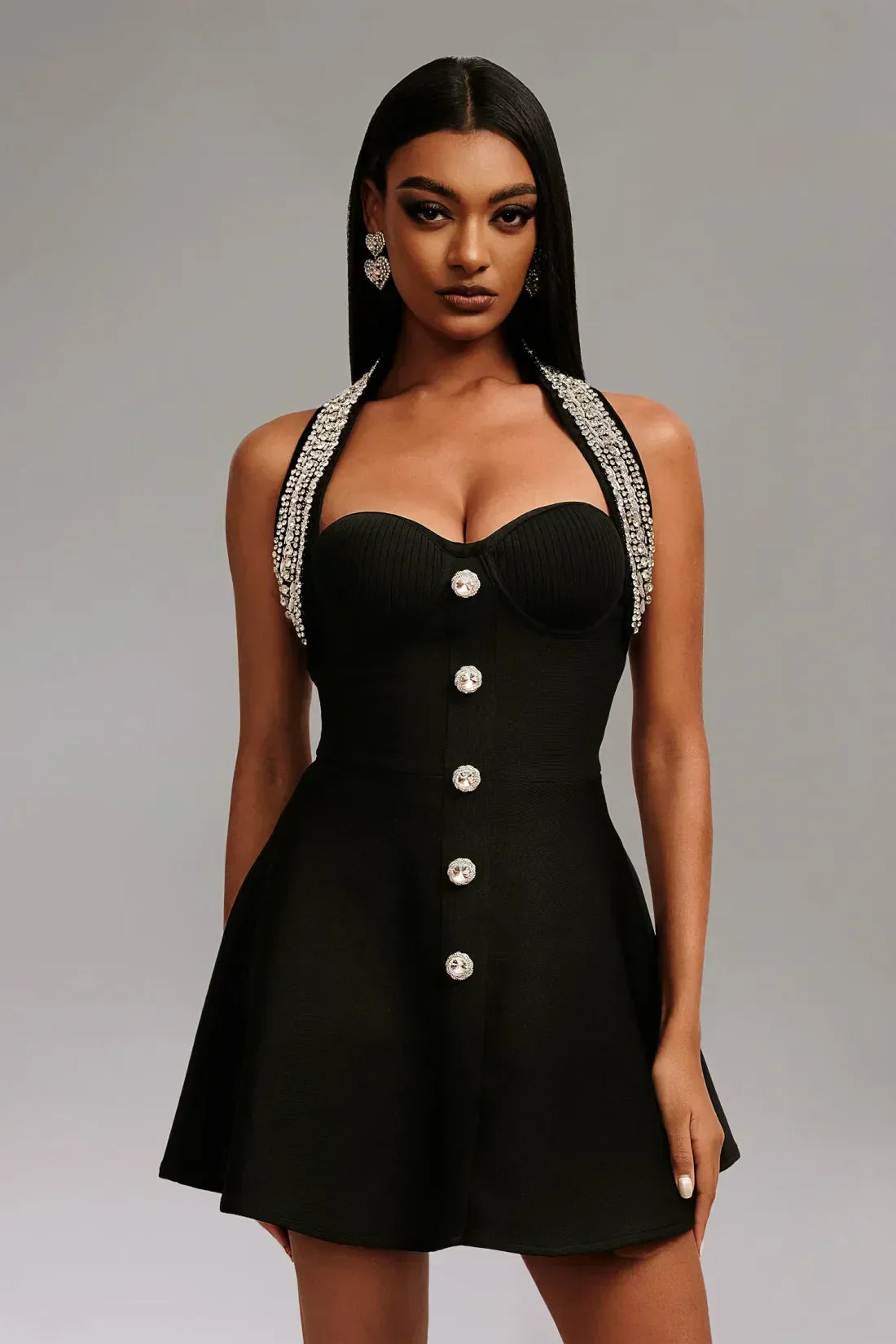 Rhinestone Strap Halter Sweetheart Button Front Skater Mini Dress