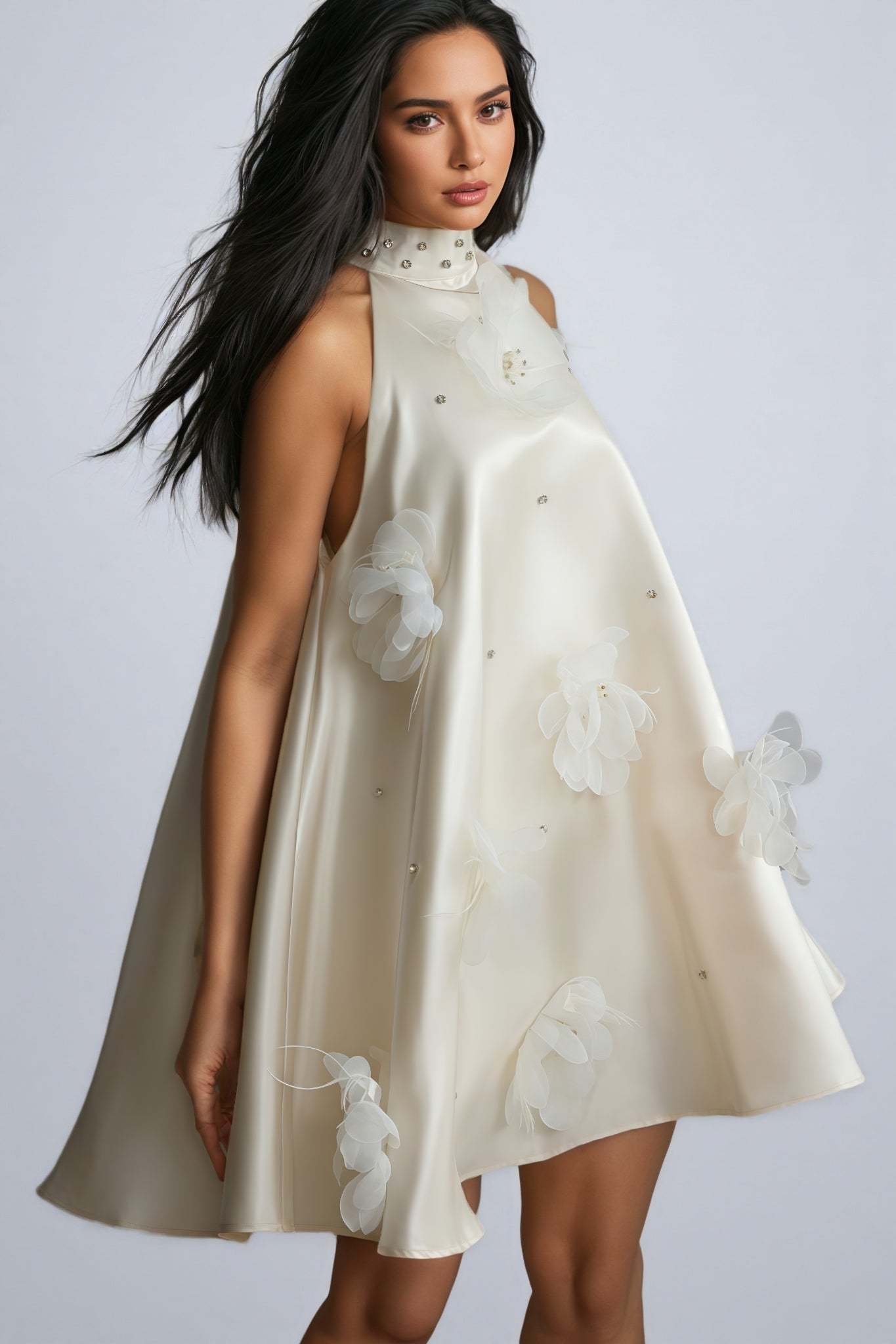 Floral Applique Halter Neck Sleeveless A-Line Mini Dress