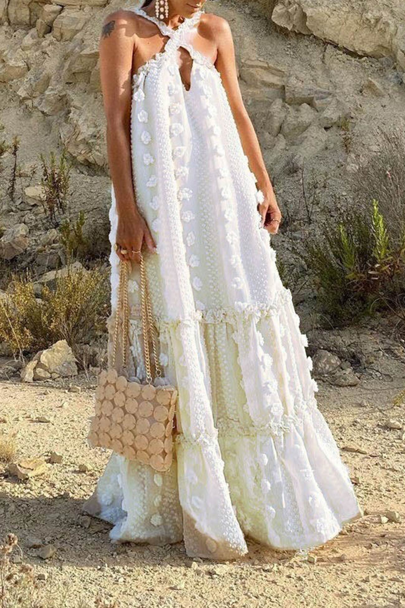 Appliqué Halter Neck Keyhole Tiered Maxi Dress 8