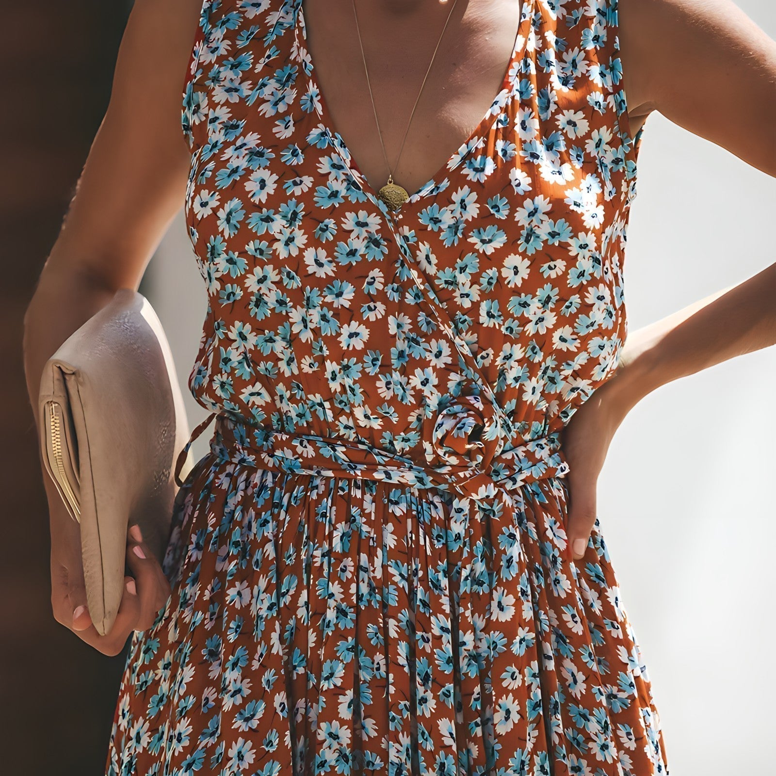 Floral Print V-Neck Wrap Sleeveless Belted Wide Leg Maxi Jumpsuit