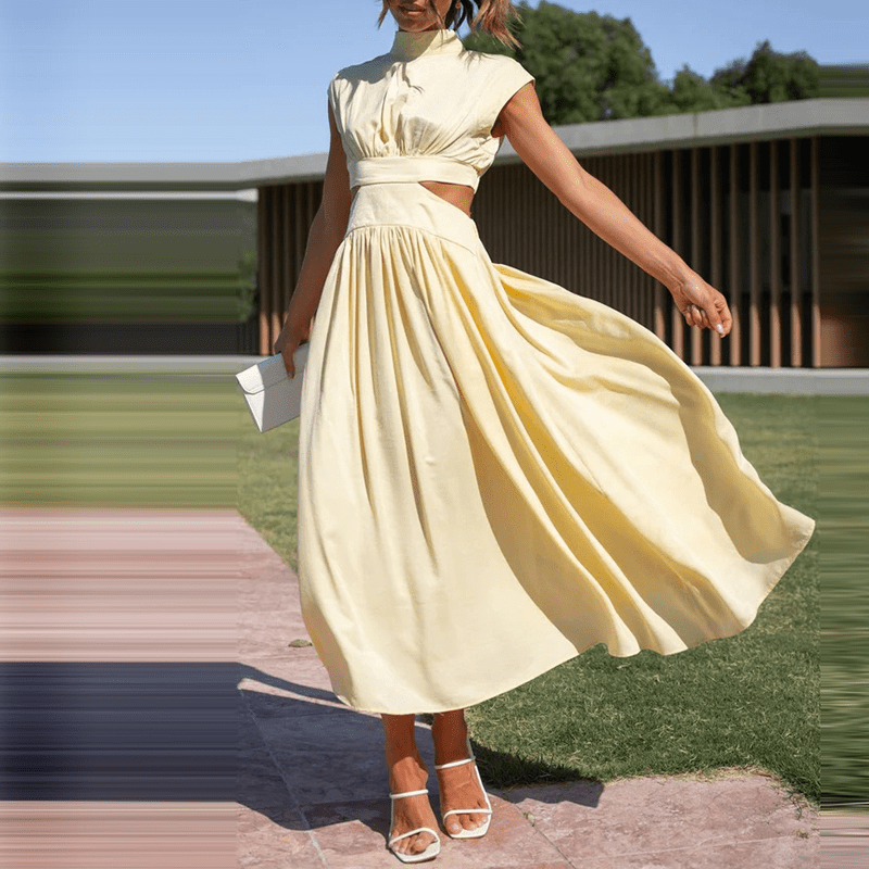 Mock Neck Cap Sleeve Cut Out Waist Pleated Midi Dress