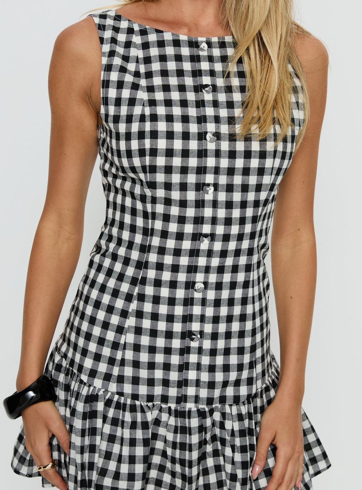 Gingham Boat Neck Button Front Sleeveless Ruffle Hem Mini Dress 4