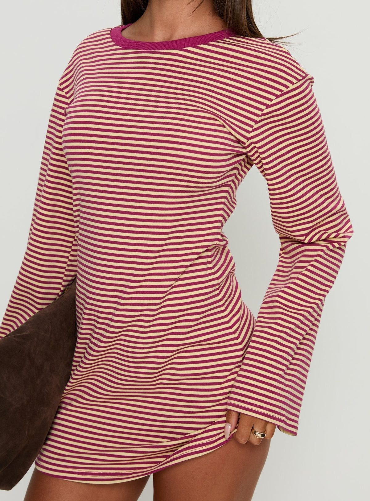 Lulolah Long Sleeve Mini Dress Lemon / Burgundy Stripe
