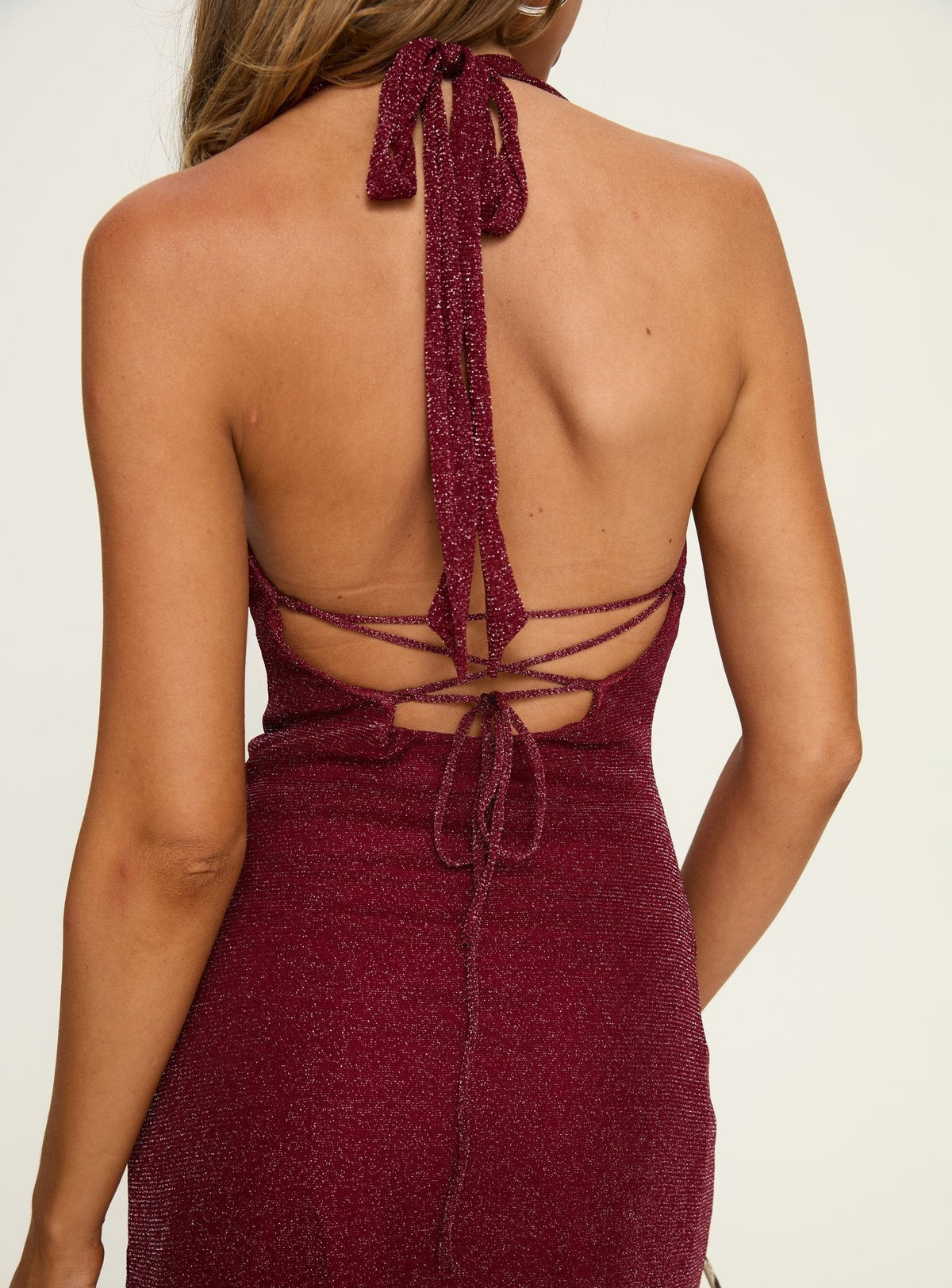 Metallic Shimmer Knit Halter V-Neck Ruched Bust Mini Dress 5