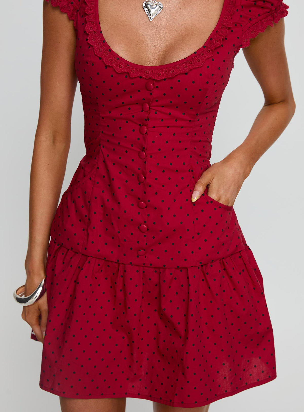 Ottillie Lace Trim Button Down Mini Dress Red Polka Dot