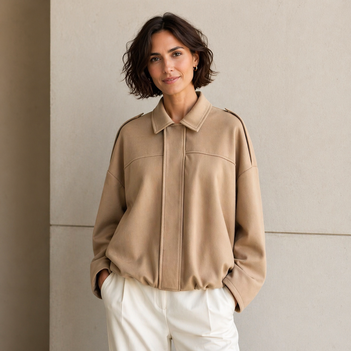 Collared Drop Shoulder Suede Look Oversized Jacket