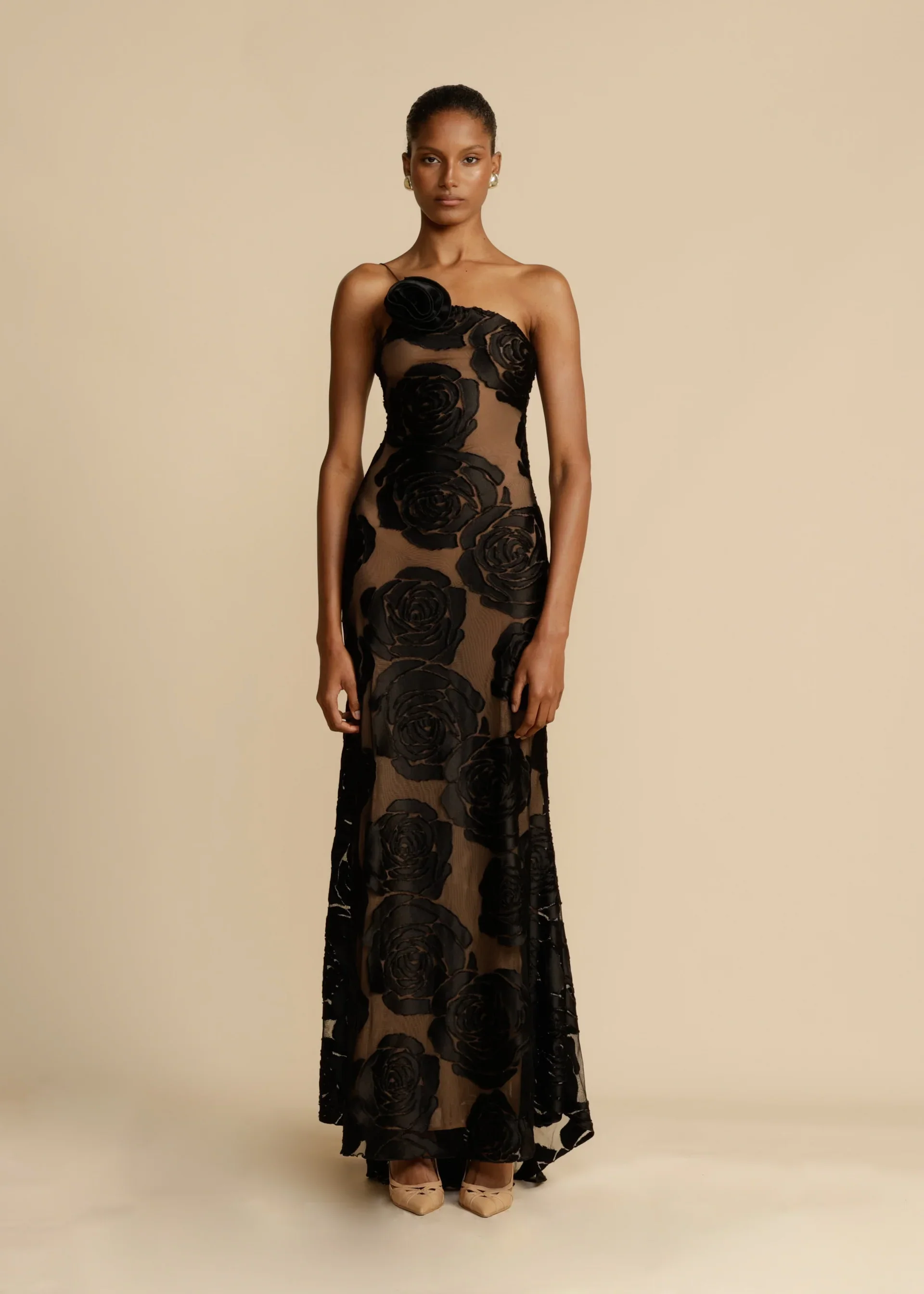 Mesh Velvet Rose Burnout One Shoulder Column Maxi Gown