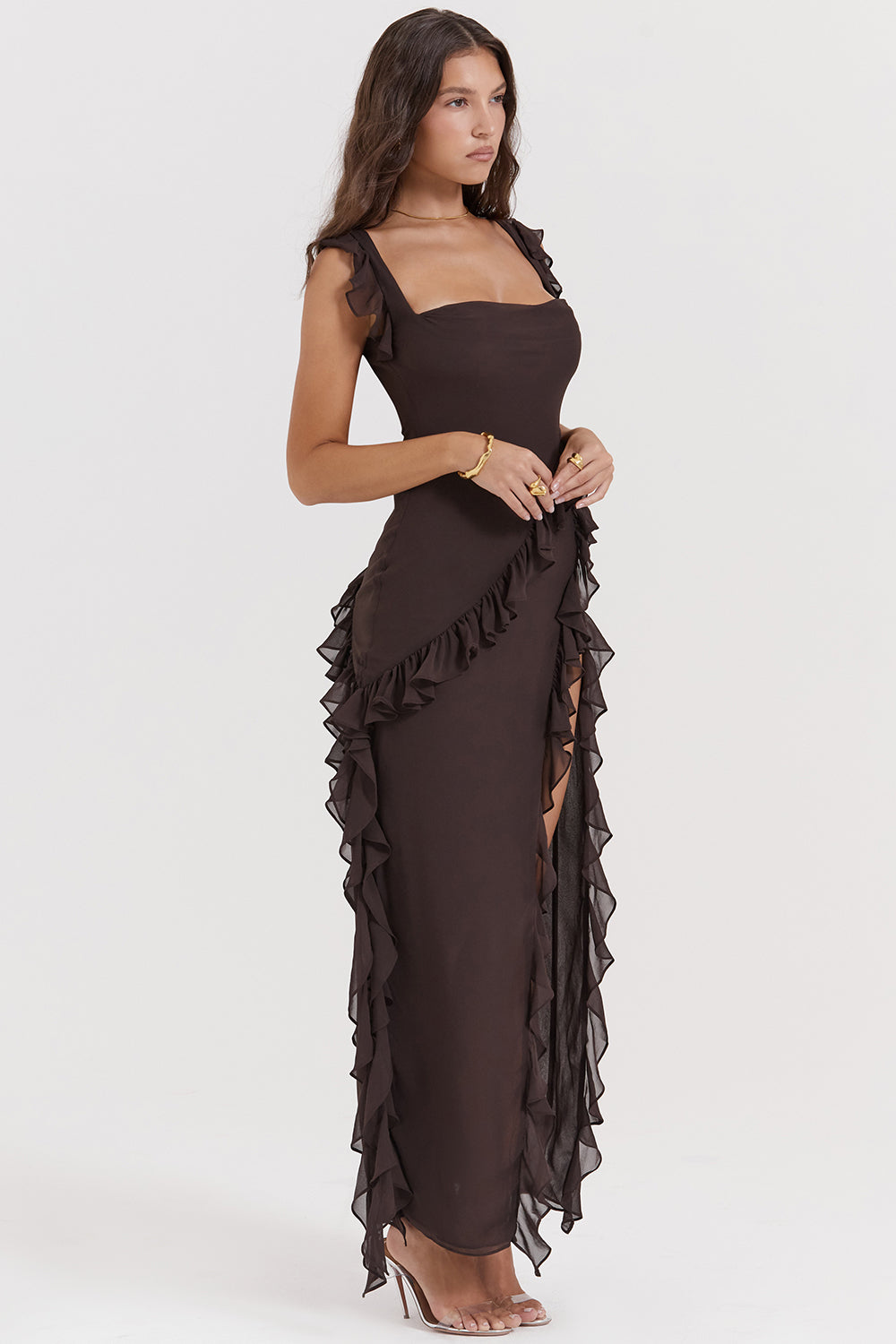 Chiffon Square Neck Ruffle Strap High Split Maxi Gown