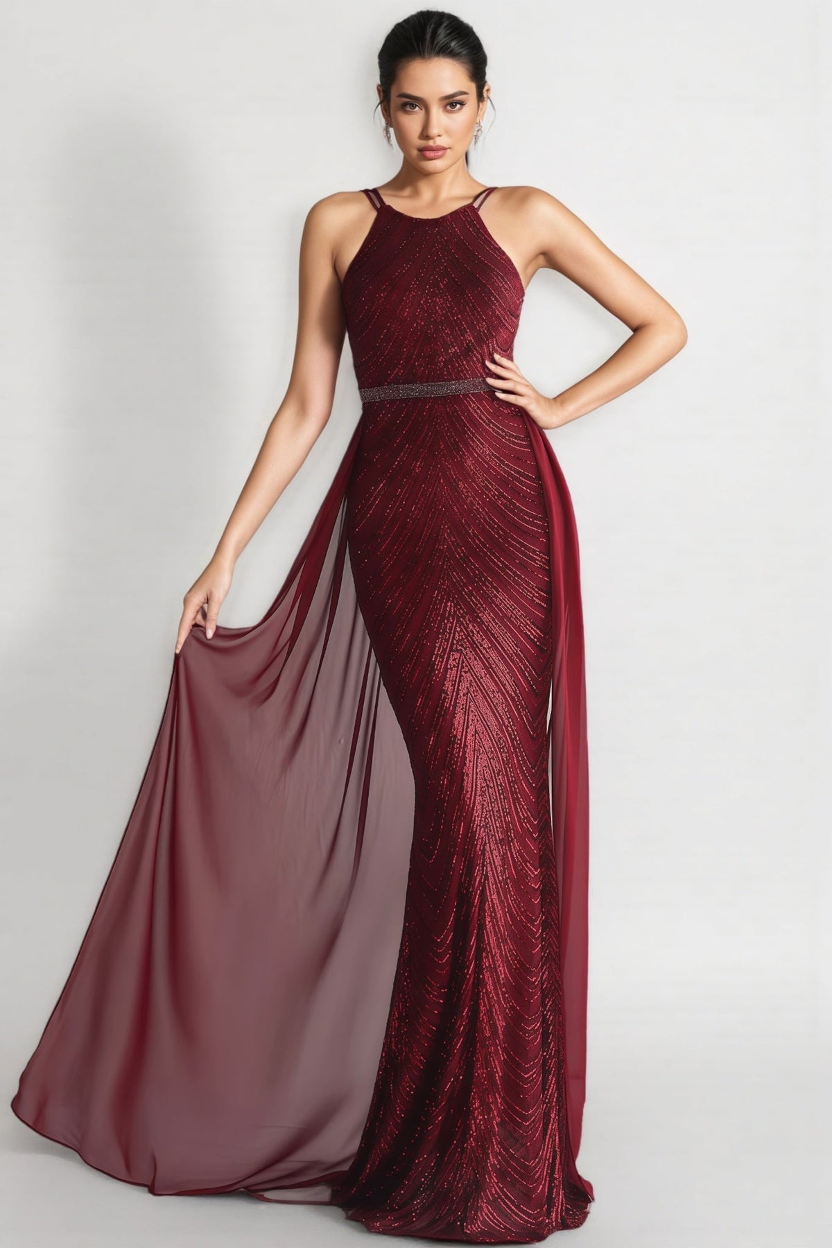 Sequin Halter Neck Double Strap Beaded Waist Chiffon Overskirt Mermaid Gown