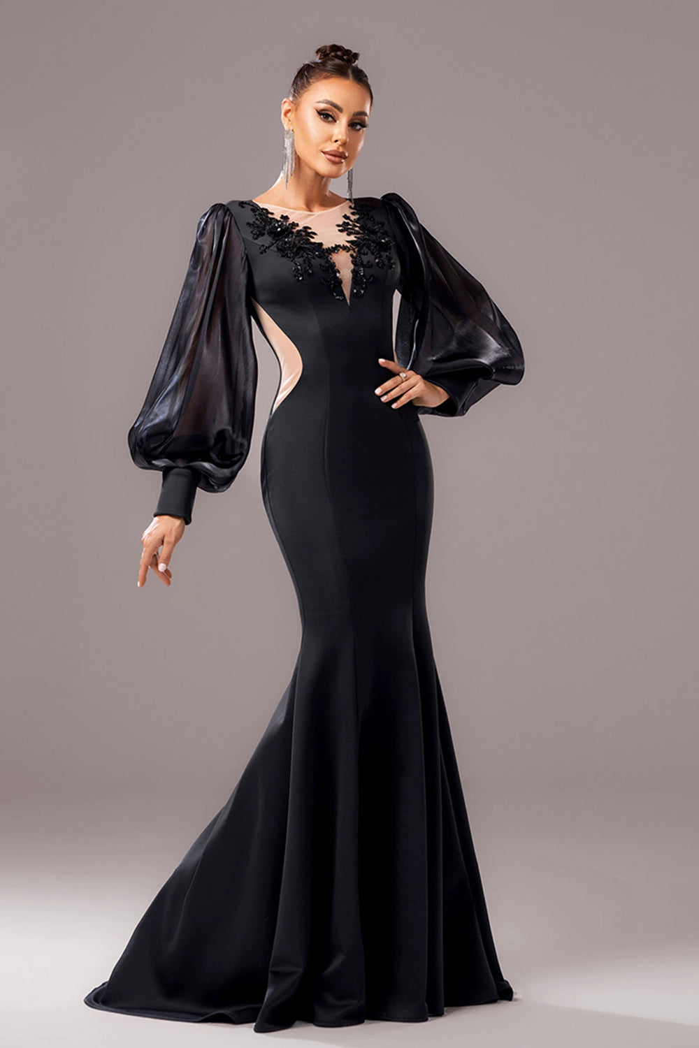 Black Mermaid Puff Long Sleeves V Neck Long Formal Dress with Appliques