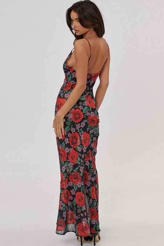 V Neck Printed Strap Slim Maxi Floral Dress