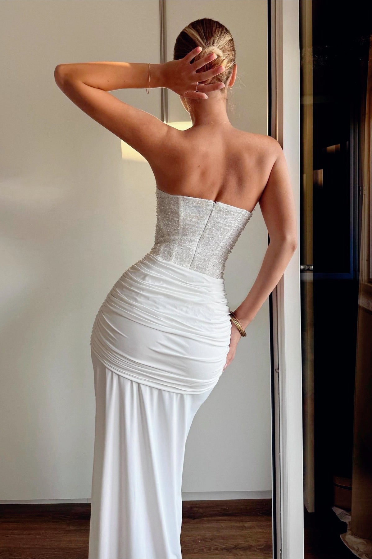 Sequin Strapless Corset Draped High Split Maxi Dress