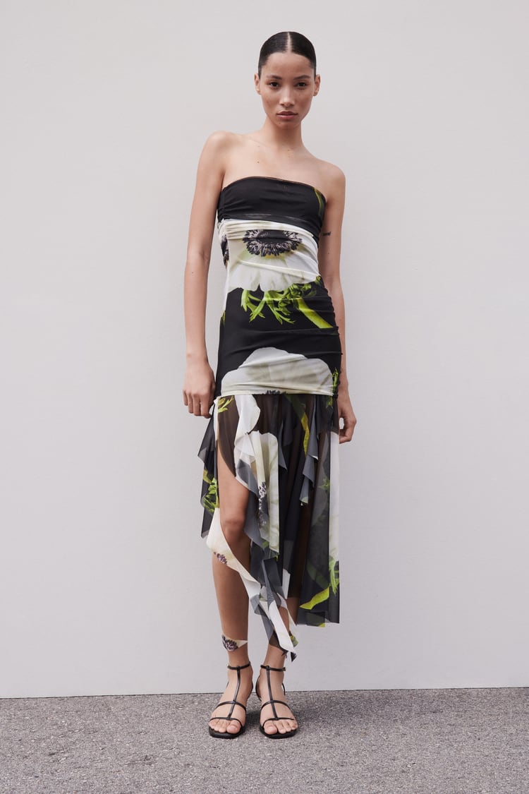 Floral Print Mesh Strapless High Low Midi Dress