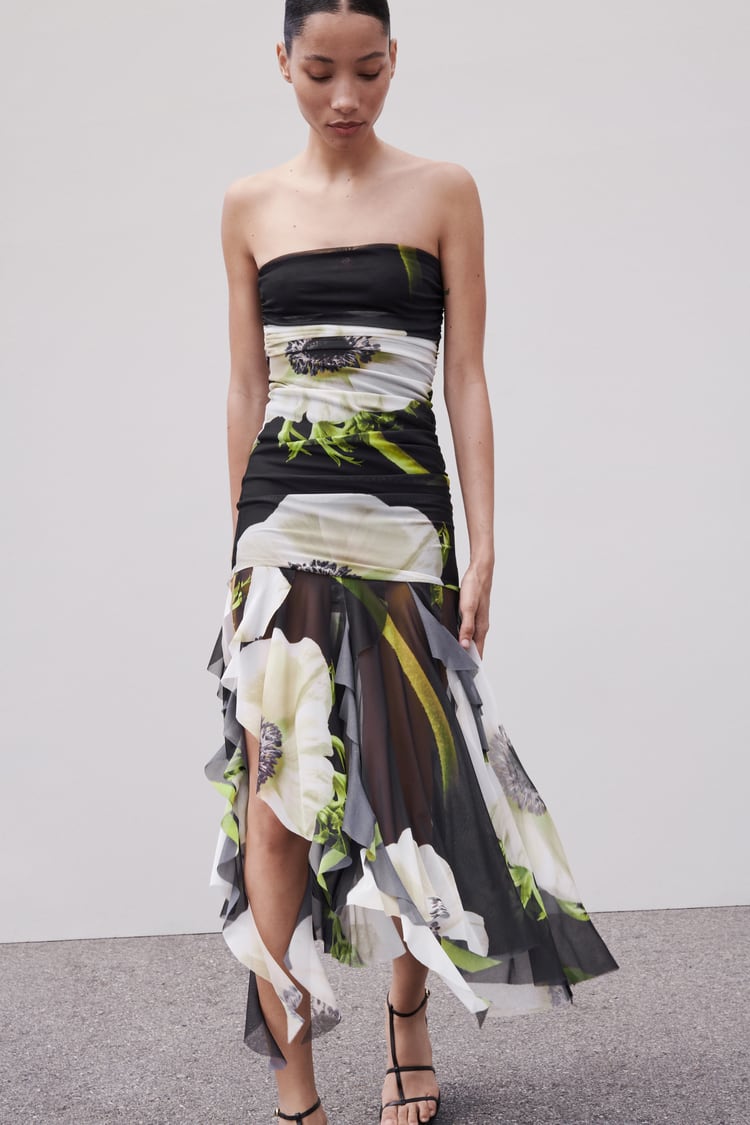 Floral Print Mesh Strapless High Low Midi Dress