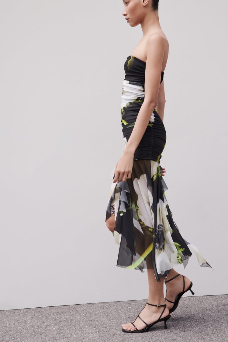 Floral Print Mesh Strapless High Low Midi Dress