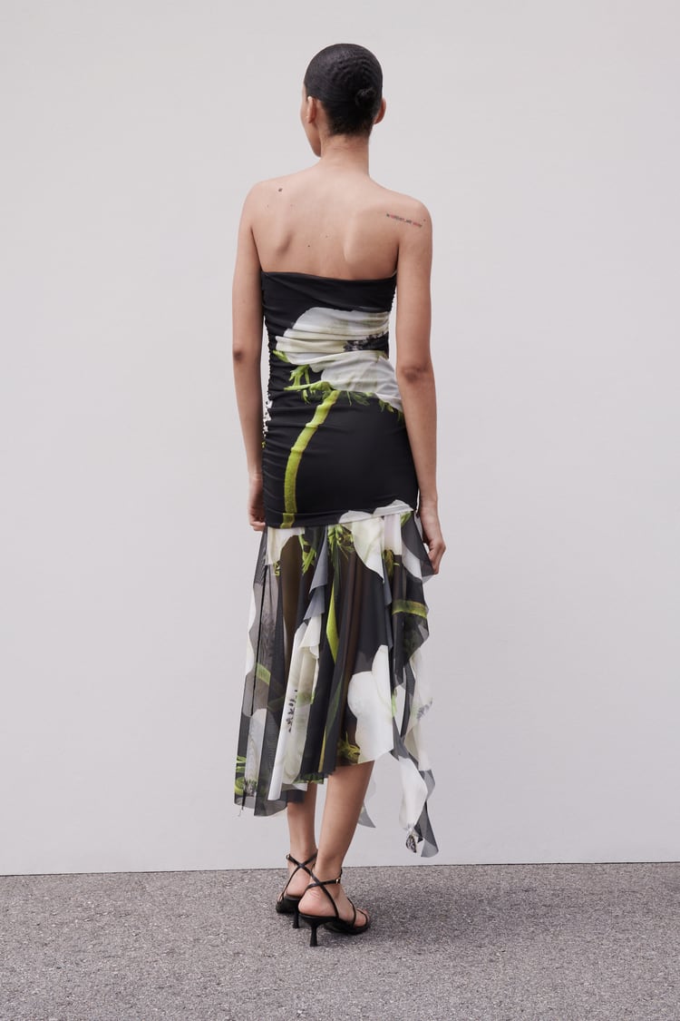 Floral Print Mesh Strapless High Low Midi Dress
