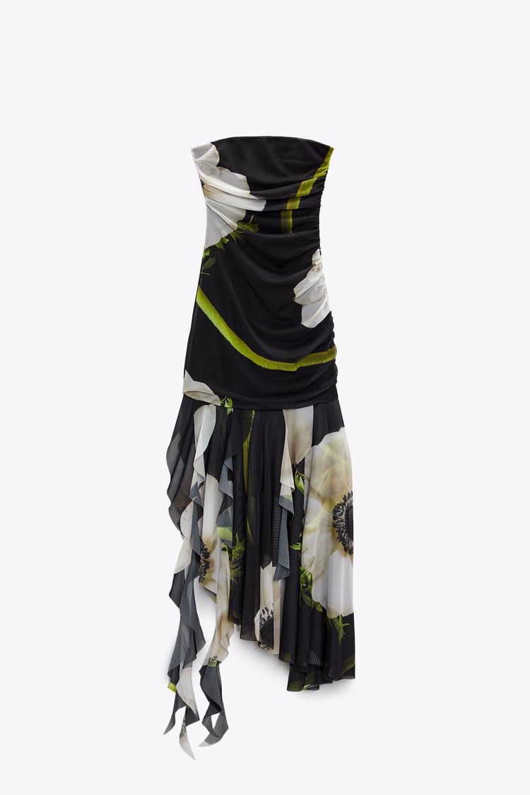 Floral Print Mesh Strapless High Low Midi Dress