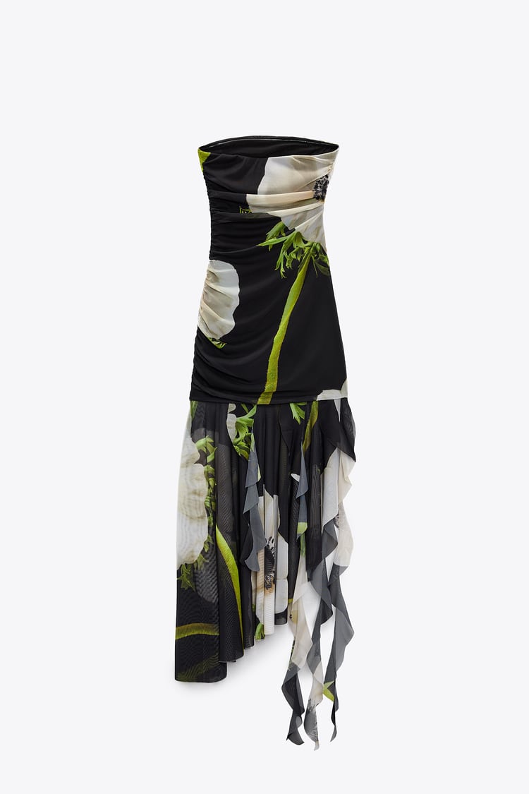 Floral Print Mesh Strapless High Low Midi Dress