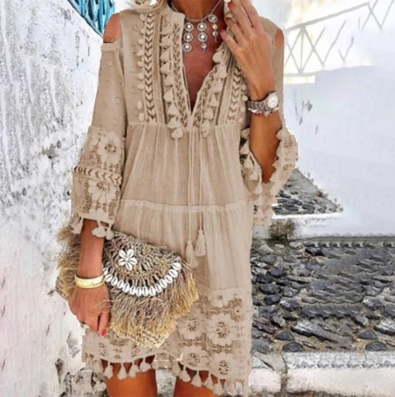 Deep V-Neck Tassel Trim Lace Insert Bell Sleeve Tiered Drawstring Dress