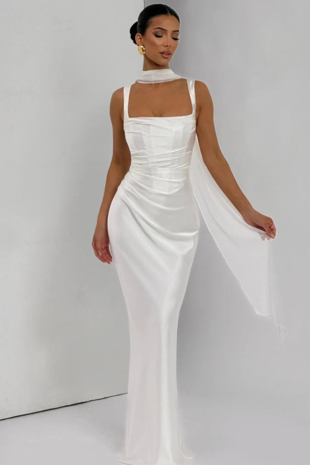 Square Neck Ruched Satin Bodycon Mermaid Dress
