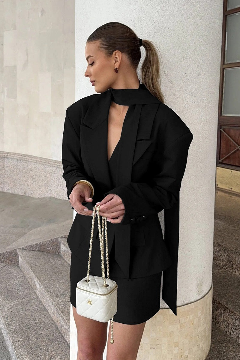 V-Neck Single Button Waist Tie Blazer