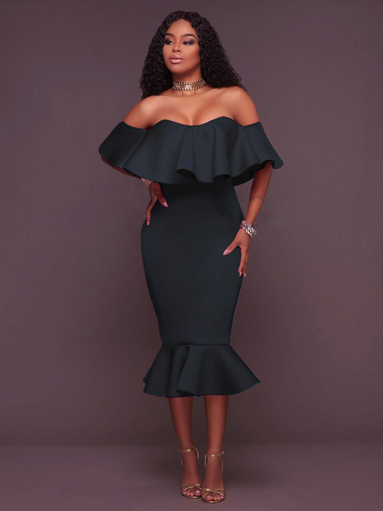 Off Shoulder Ruffle Mermaid Midi Dress 11