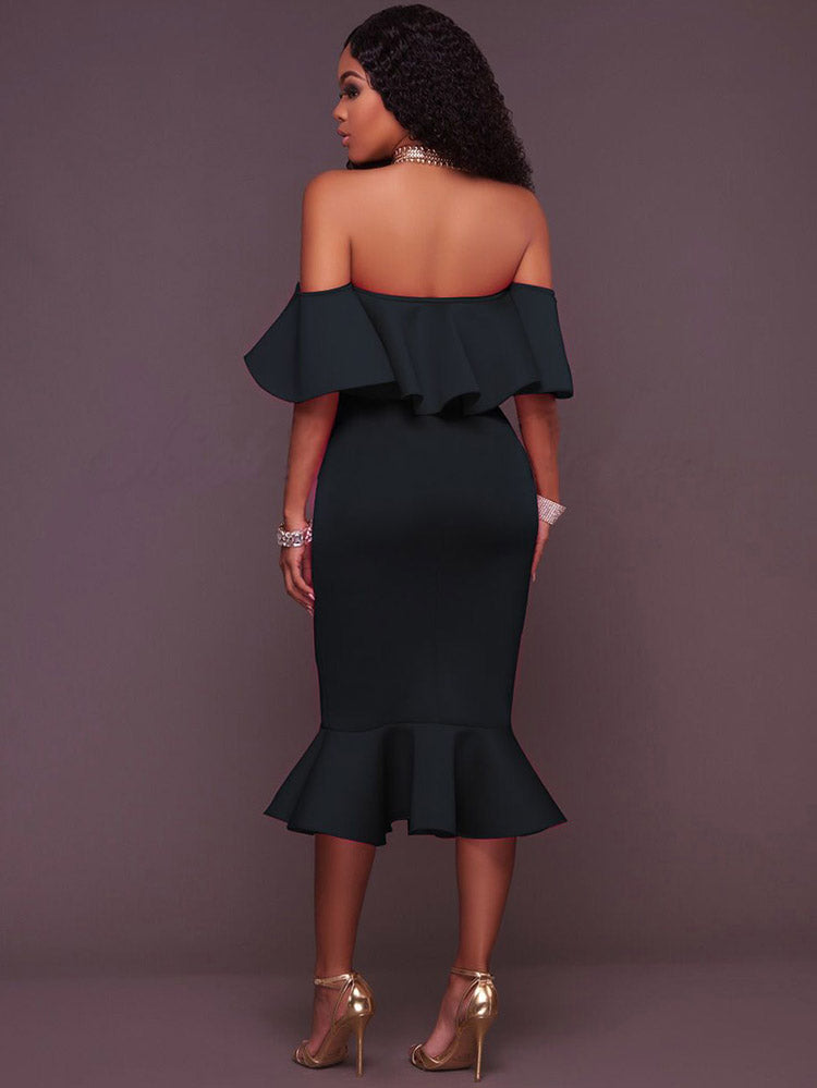 Off Shoulder Ruffle Mermaid Midi Dress 12