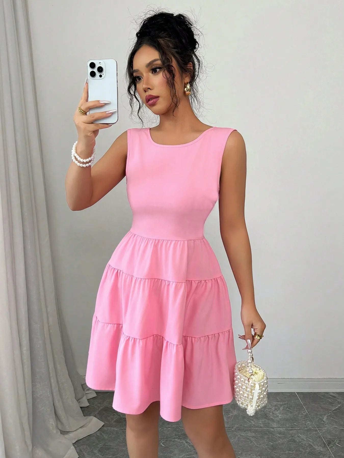 Pink Flowy Tiered Dress – Sleeveless, Round Neck Pink