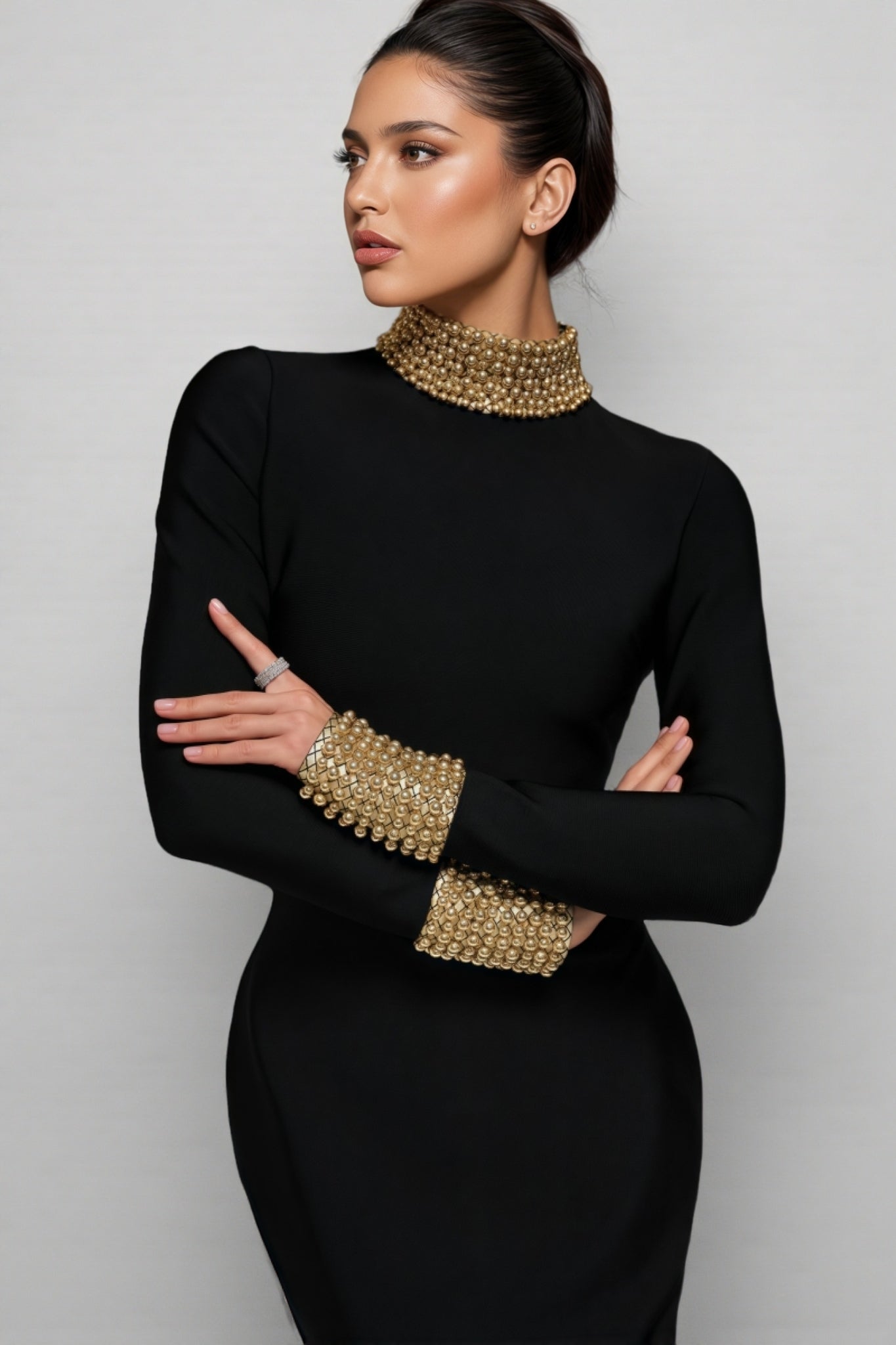 Beaded Mock Neck Long Sleeve Bodycon Bandage Maxi Gown