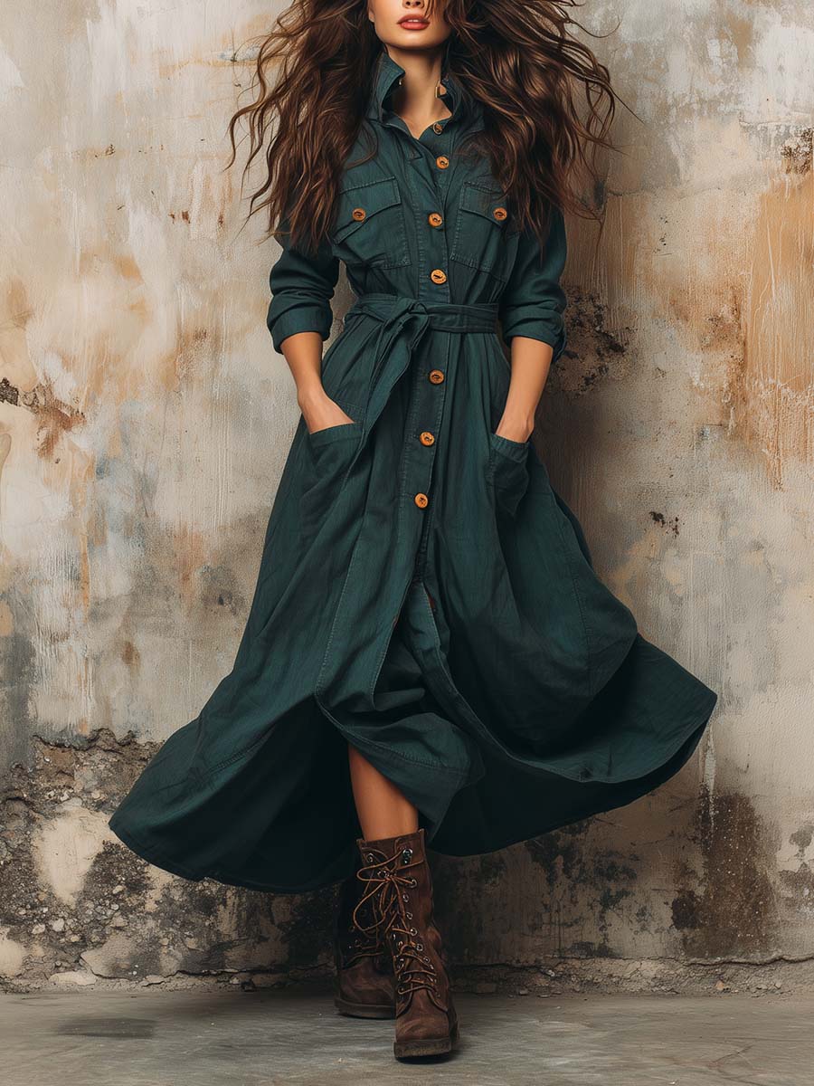 Casual Mist Blue Cotton Utility Style Tie Pocket Maxi Dress