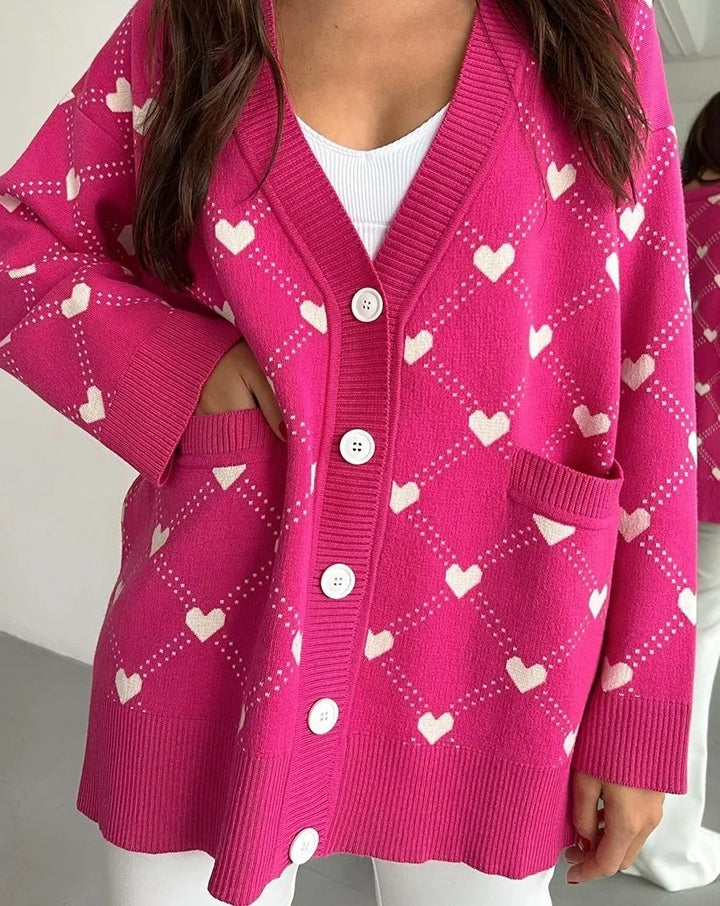 Heart Argyle Pattern V-Neck Button Front Pocket Oversized Cardigan 2