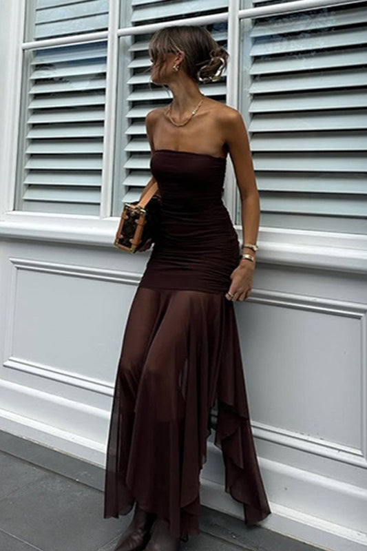 Sheer Mesh Ruched Strapless Party Dress 5