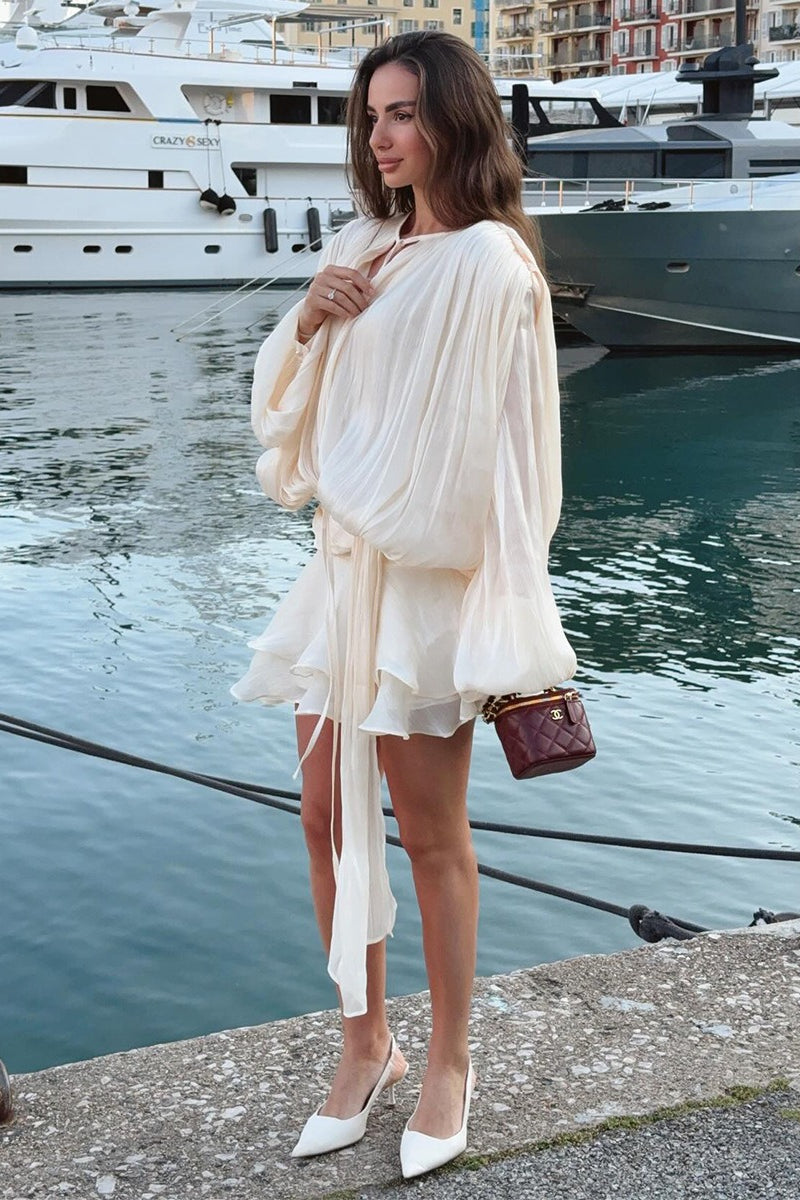 Chiffon Lantern Sleeve Tie Ruffle Mini Dress - View 3
